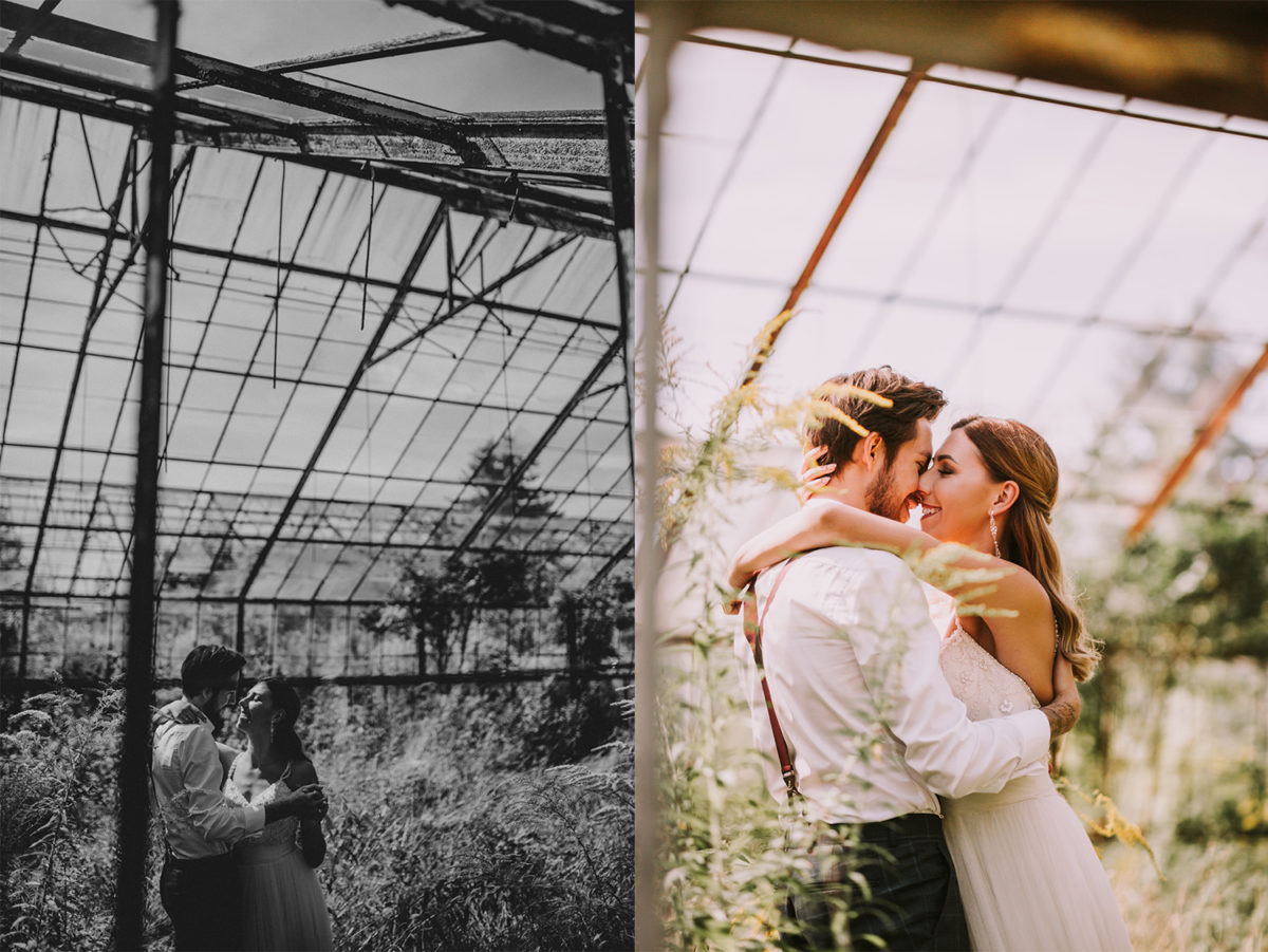 Sesja Ślubna w szklarni, Sesja Ślubna w opuszczonej szklarni, fotograf ślubny Warszawa, fotografia ślubna Warszawa, sesja ślubna w lato w plenerze w naturze