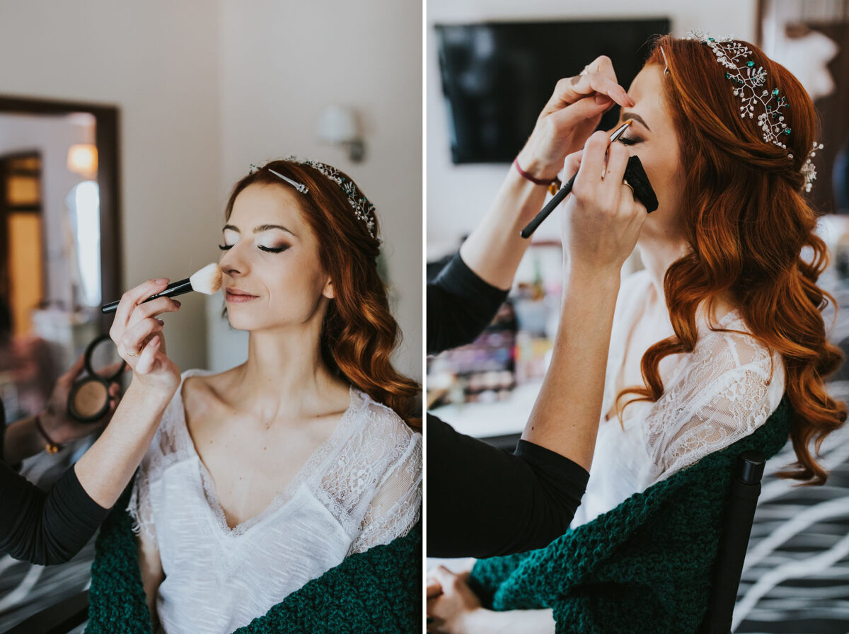 Sesja Krzyżtopór, rustykalny ślub plenerowy w lesie, kolor przewodni butelkowy zielony