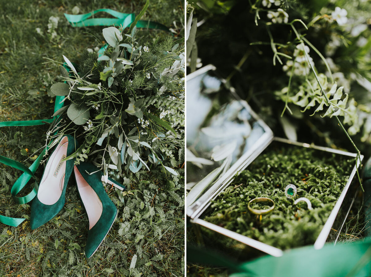 Sesja Krzyżtopór, rustykalny ślub plenerowy w lesie, kolor przewodni butelkowy zielony