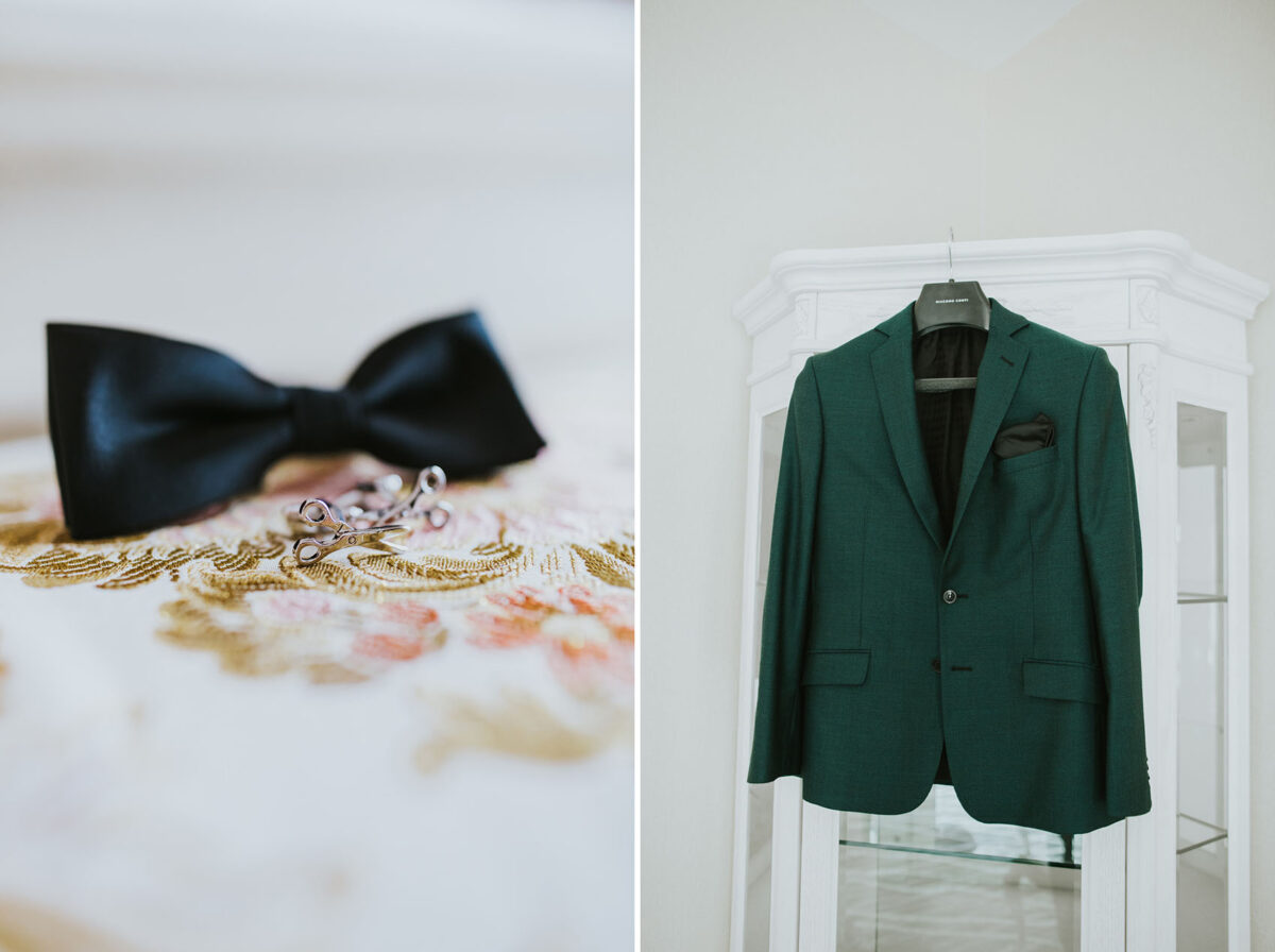 Sesja Krzyżtopór, rustykalny ślub plenerowy w lesie, kolor przewodni butelkowy zielony