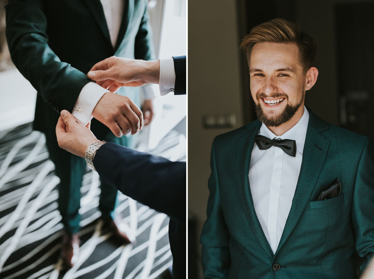 Sesja Krzyżtopór, rustykalny ślub plenerowy w lesie, kolor przewodni butelkowy zielony