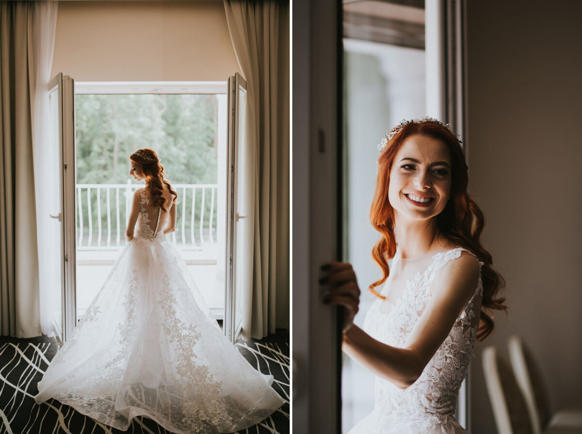 Sesja Krzyżtopór, rustykalny ślub plenerowy w lesie, kolor przewodni butelkowy zielony