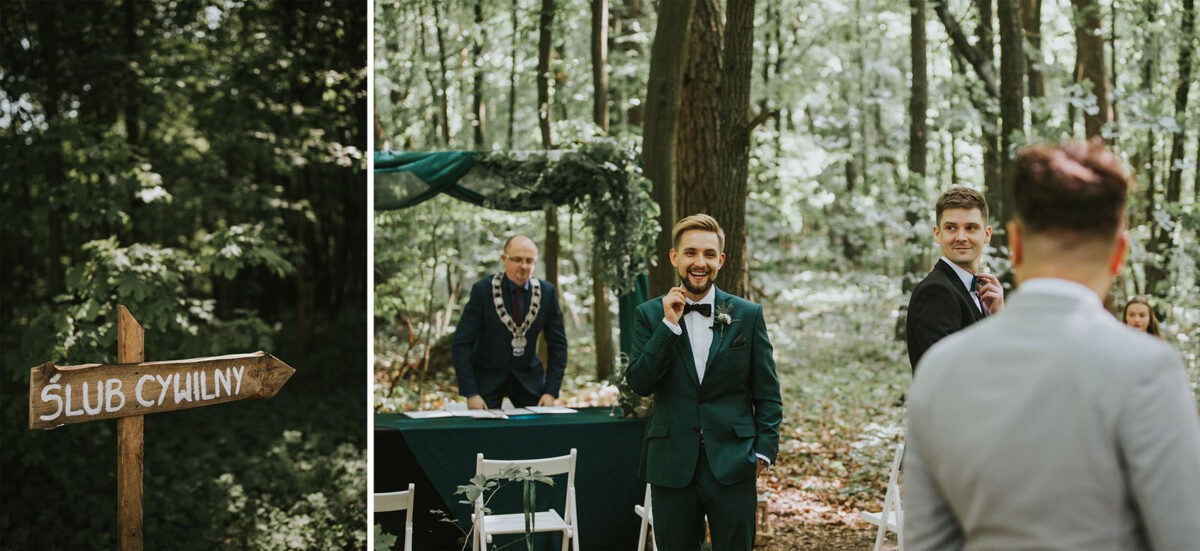 Sesja Krzyżtopór, rustykalny ślub plenerowy w lesie, kolor przewodni butelkowy zielony