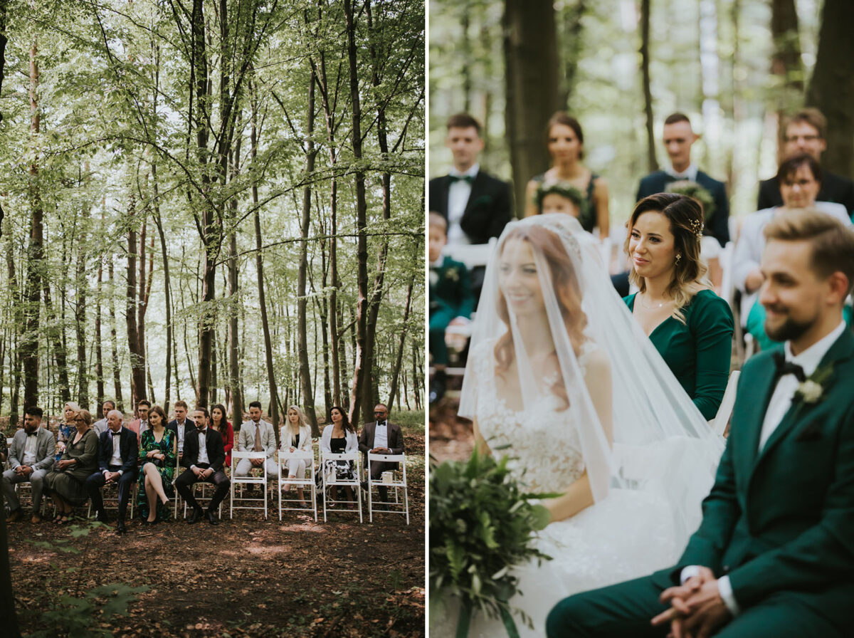 Sesja Krzyżtopór, rustykalny ślub plenerowy w lesie, kolor przewodni butelkowy zielony