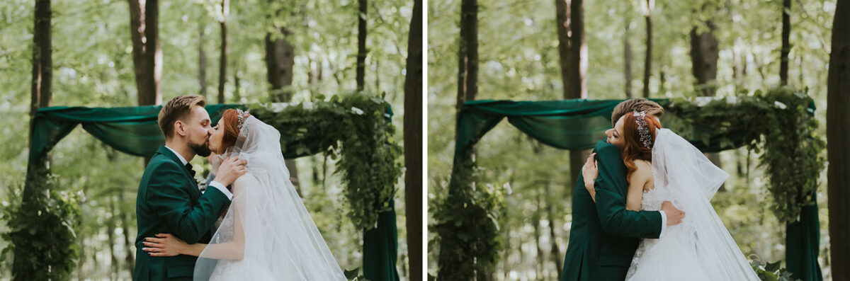 Sesja Krzyżtopór, rustykalny ślub plenerowy w lesie, kolor przewodni butelkowy zielony