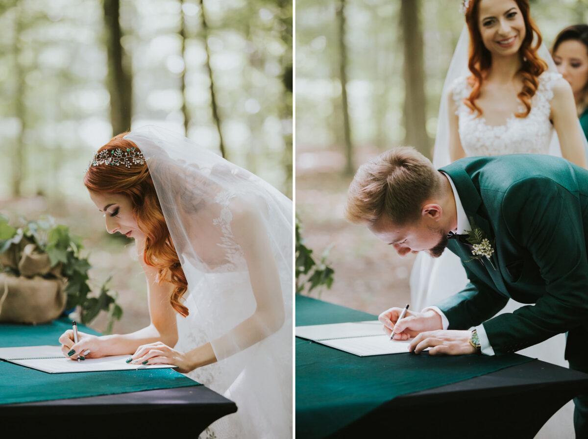 Sesja Krzyżtopór, rustykalny ślub plenerowy w lesie, kolor przewodni butelkowy zielony