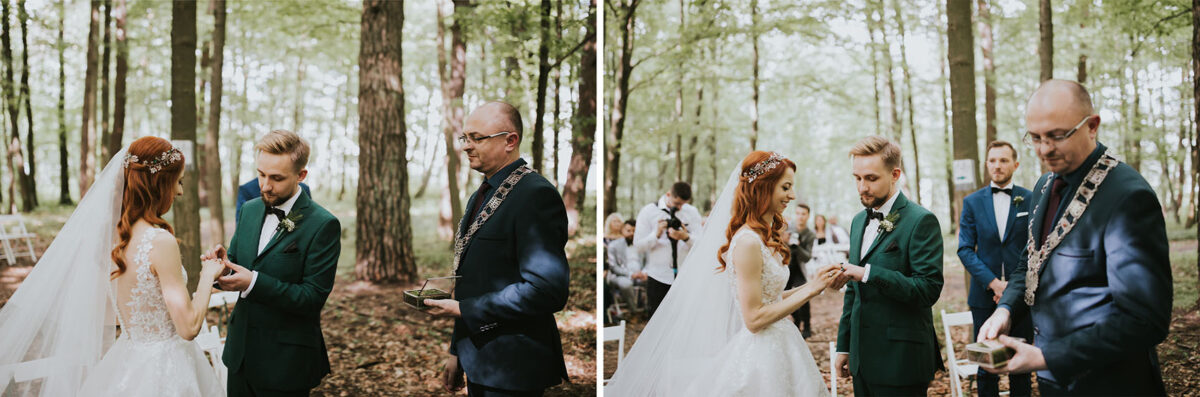 Sesja Krzyżtopór, rustykalny ślub plenerowy w lesie, kolor przewodni butelkowy zielony