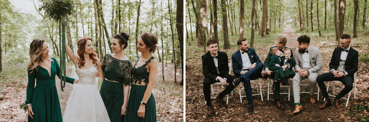 Sesja Krzyżtopór, rustykalny ślub plenerowy w lesie, kolor przewodni butelkowy zielony