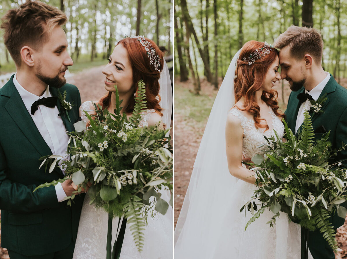 Sesja Krzyżtopór, rustykalny ślub plenerowy w lesie, kolor przewodni butelkowy zielony