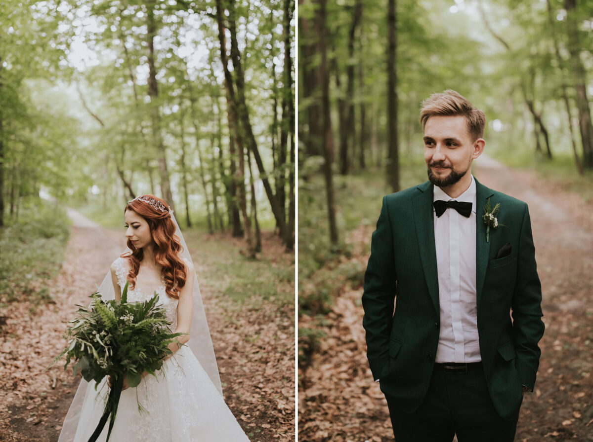 Sesja Krzyżtopór, rustykalny ślub plenerowy w lesie, kolor przewodni butelkowy zielony