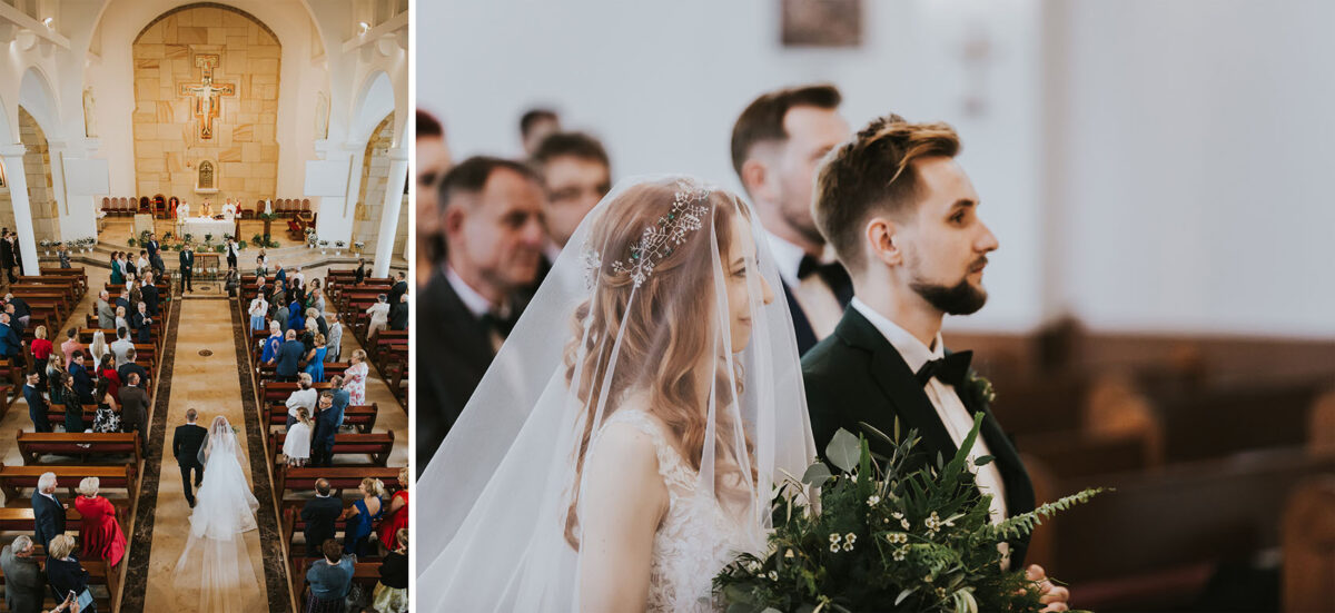 Sesja Krzyżtopór, rustykalny ślub plenerowy w lesie, kolor przewodni butelkowy zielony