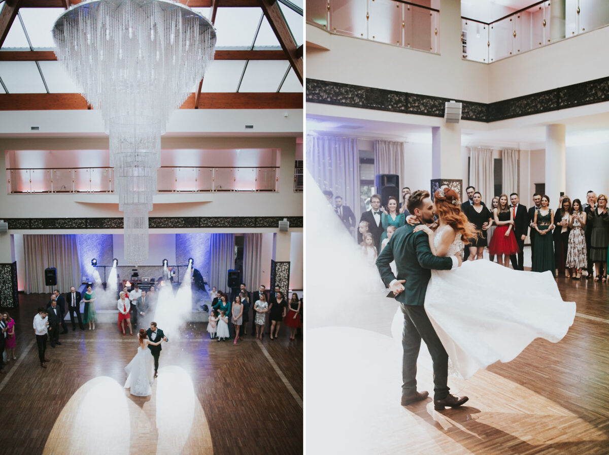 Sesja Krzyżtopór, rustykalny ślub plenerowy w lesie, kolor przewodni butelkowy zielony