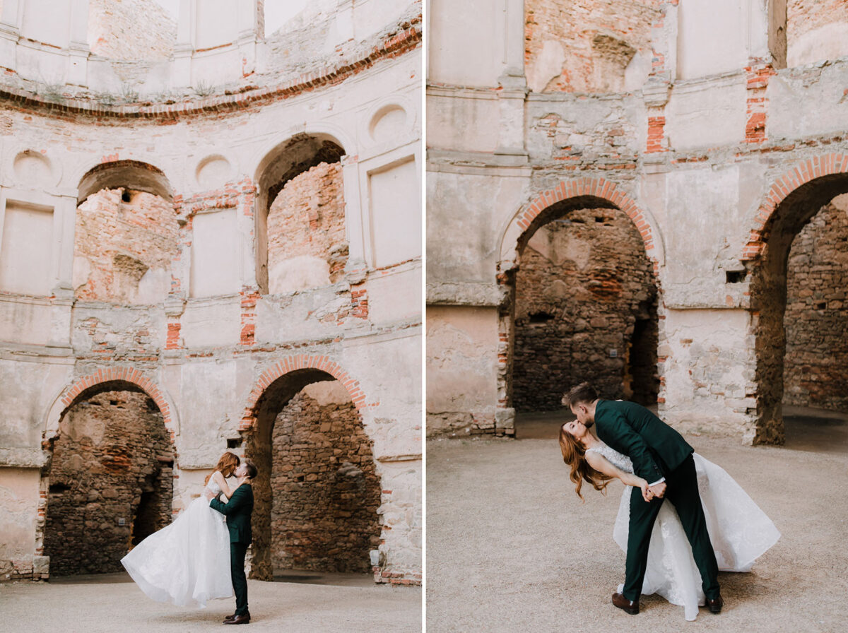 Sesja Krzyżtopór, kościół Św. Franciszka z Asyżu, liście confetti, wesele Hotel Bińkowski