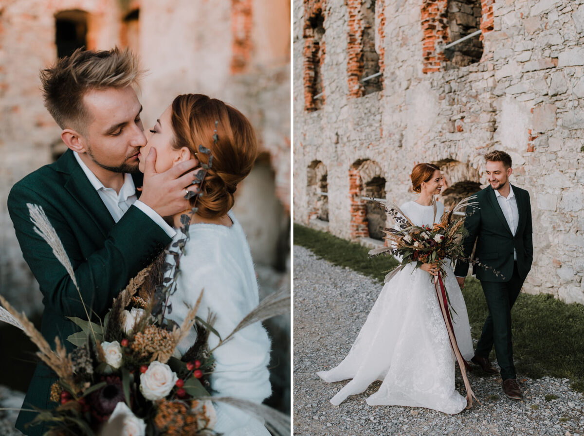 Sesja Krzyżtopór, kościół Św. Franciszka z Asyżu, liście confetti, wesele Hotel Bińkowski