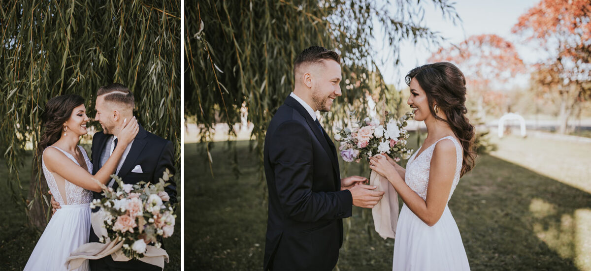 Ślub w Krakowie, First look w ogrodzie, kościół pw. Świętego Michała Archanioła w Zebrzydowicach