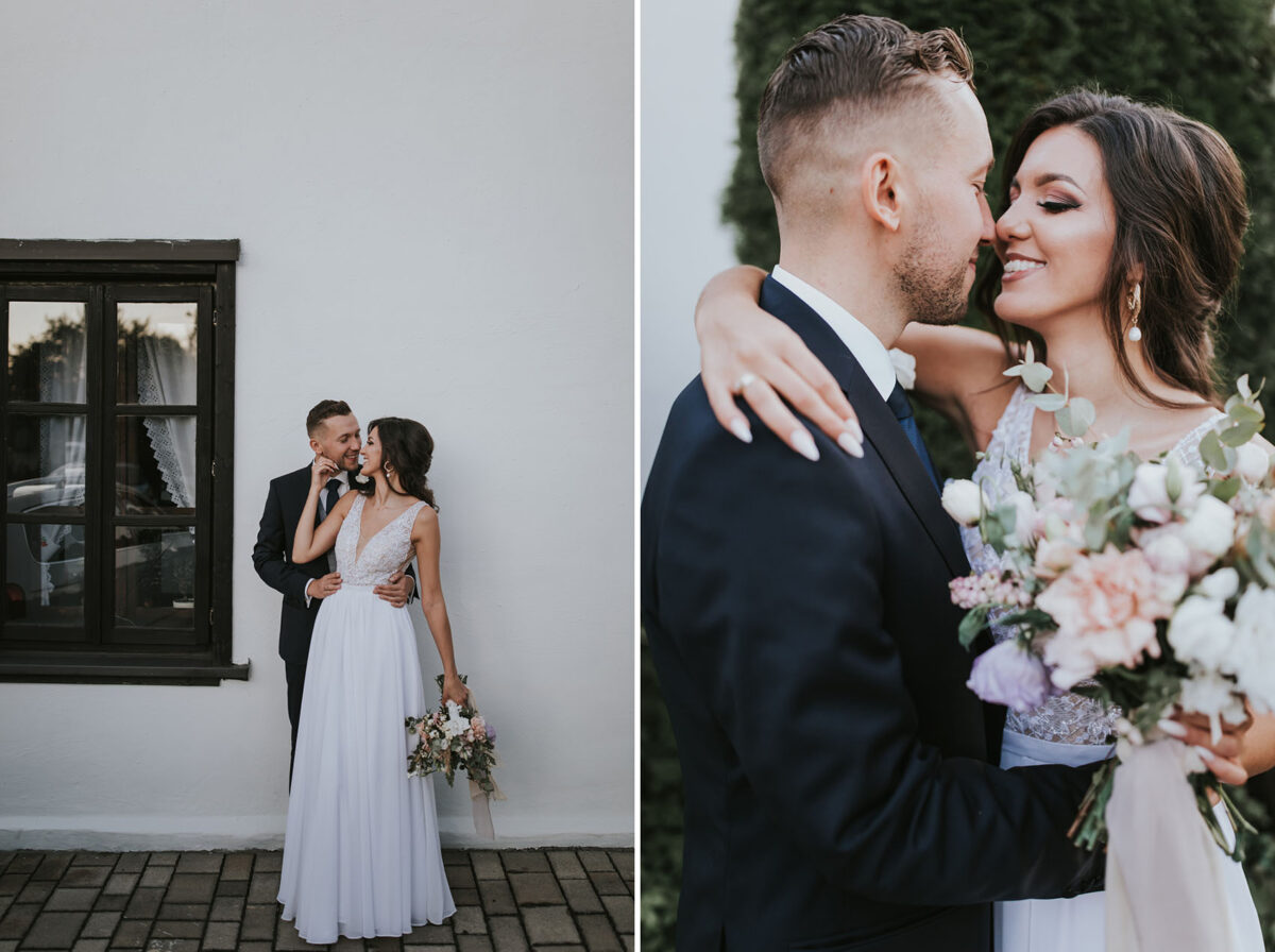 Ślub w Krakowie, First look w ogrodzie, kościół pw. Świętego Michała Archanioła w Zebrzydowicach