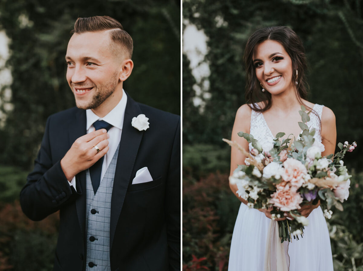 Ślub Kraków, First look w ogrodzie, kościół pw. Świętego Michała Archanioła w Zebrzydowicach