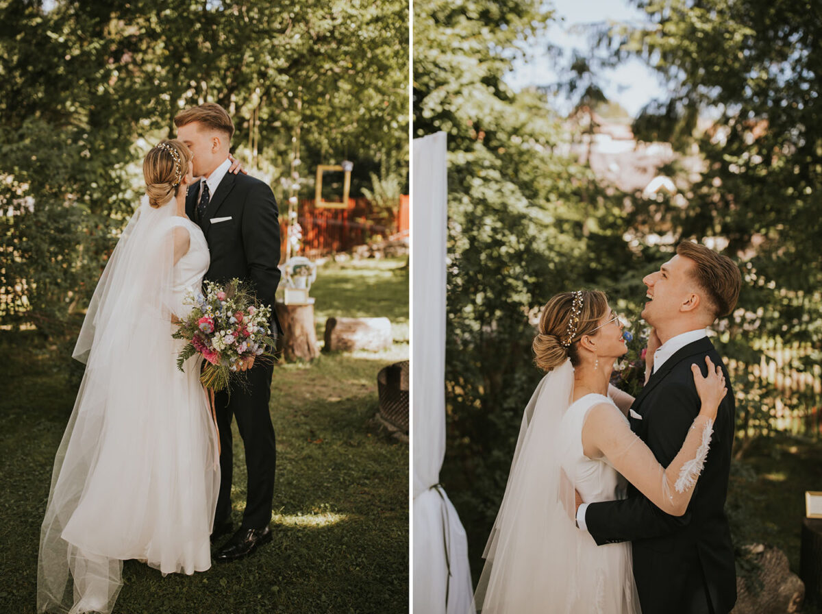 ślub w Rabce-Zdrój, first look w ogrodzie, kościół pw. św. Teresy od Dzieciątka Jezus