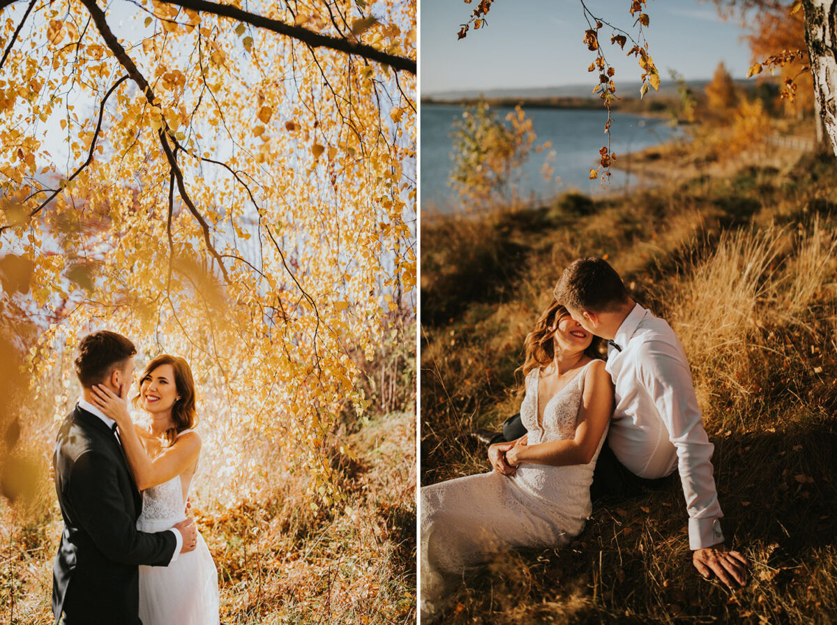 sesja ślubna nad Jeziorem Czorsztyńskim, Jezioro Czorsztyńskie, jesienna sesja ślubna