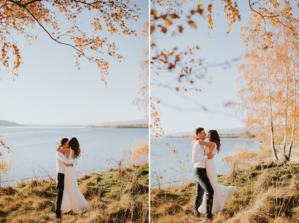 sesja ślubna nad Jeziorem Czorsztyńskim, Jezioro Czorsztyńskie, jesienna sesja ślubna