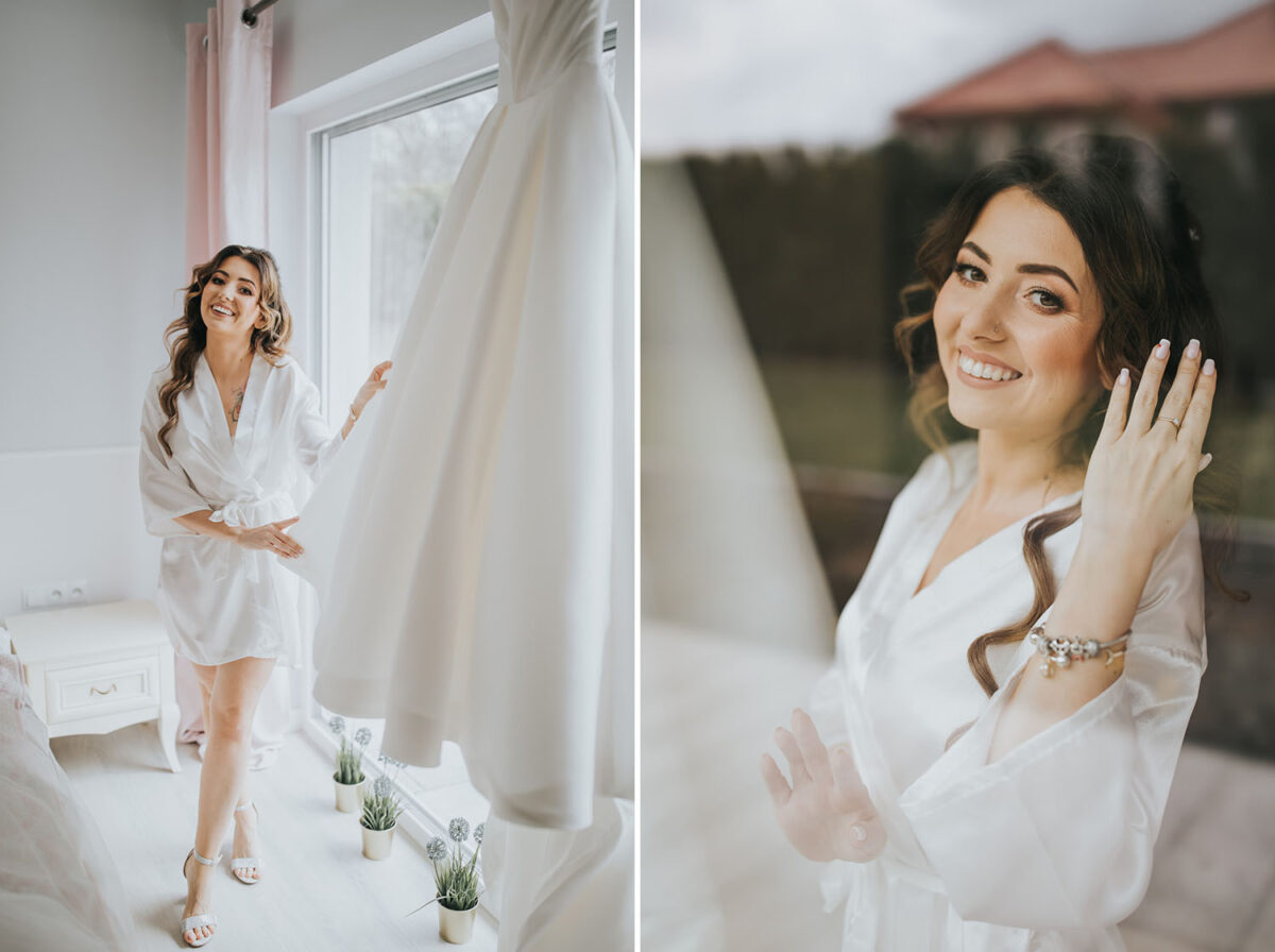 przygotowania Panny Młodej z psem, pies na ślubie, first look w ogrodzie