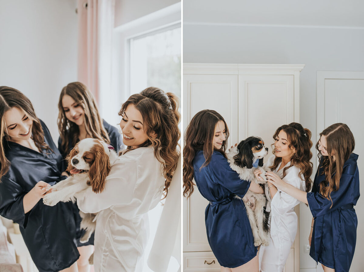 przygotowania Panny Młodej z psem, pies na ślubie, first look w ogrodzie