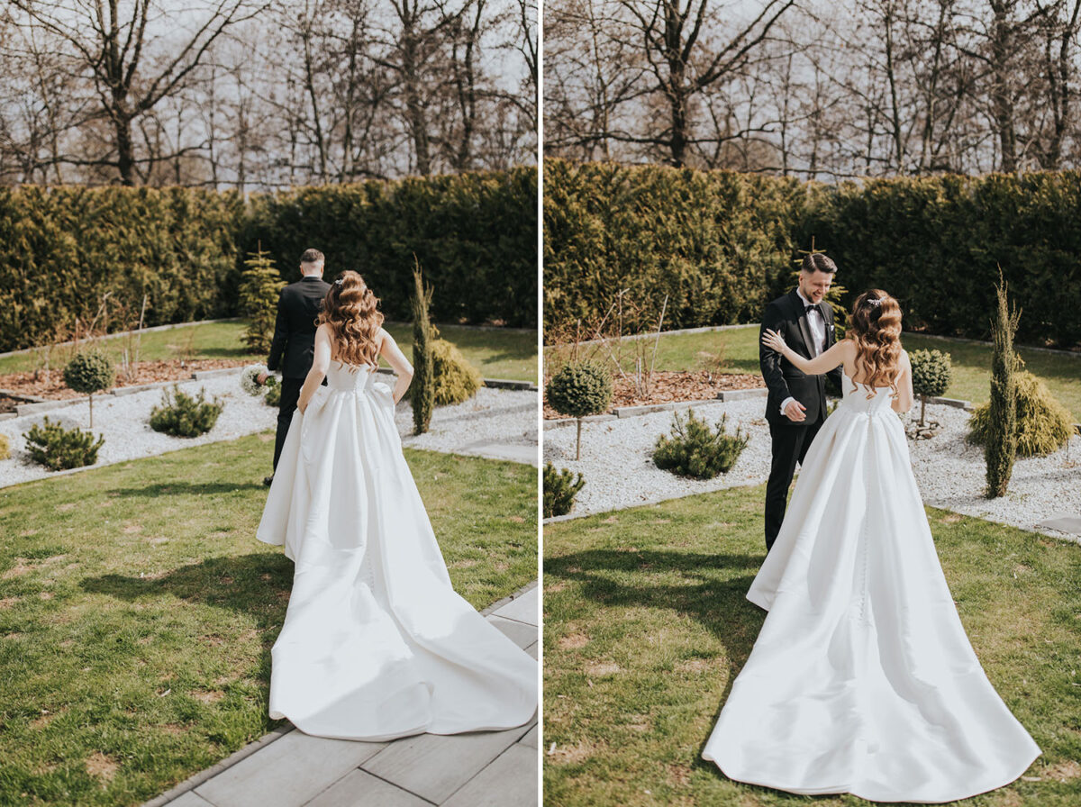 przygotowania Panny Młodej z psem, pies na ślubie, first look w ogrodzie