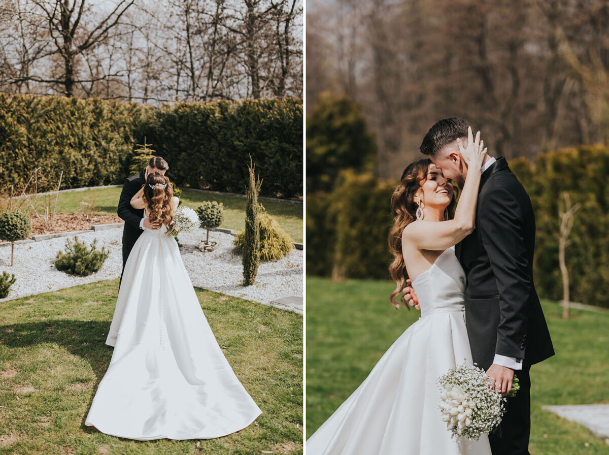 przygotowania Panny Młodej z psem, pies na ślubie, first look w ogrodzie